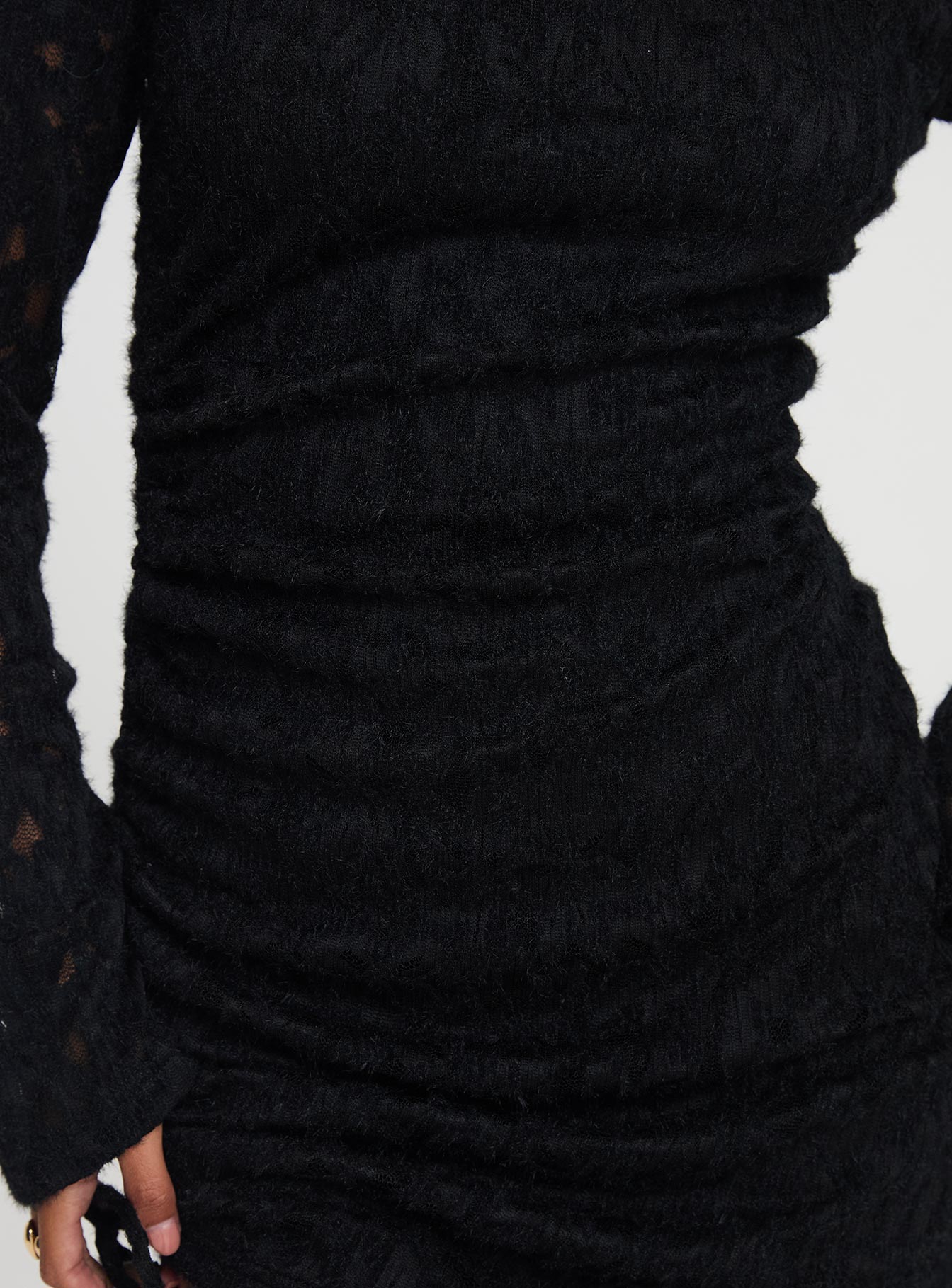 back view of model wearing Princess Polly Que Sera Long Sleeve Mini Dress Black Boat Neck 