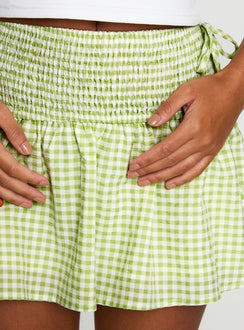 back view of model wearing Princess Polly Arroyo Mini Skirt Green / White Gingham Mini Skirts 