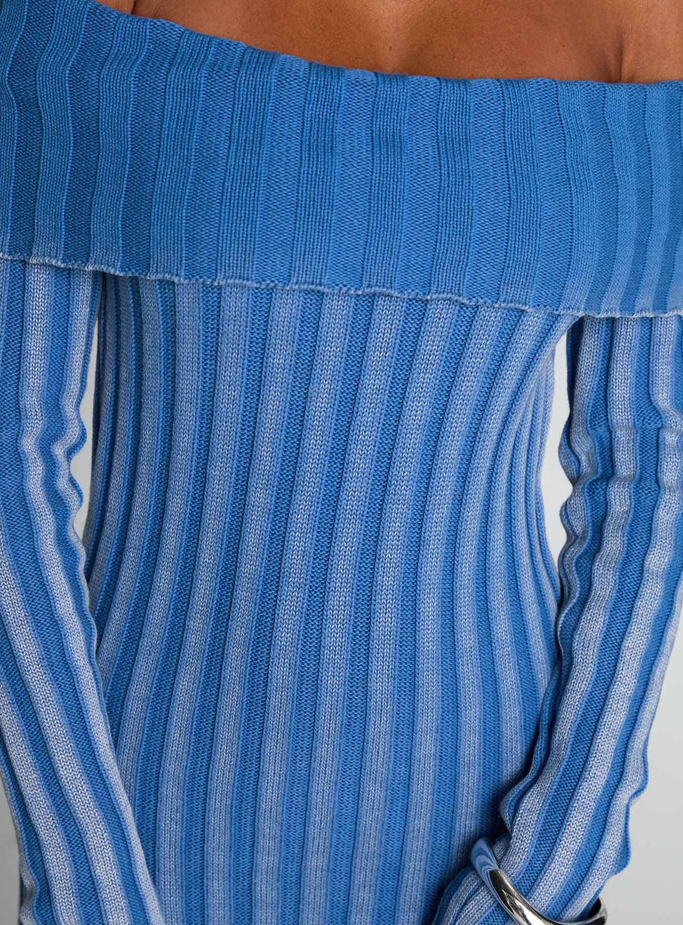 side view of model wearing Princess Polly Mariska Long Sleeve Rib Maxi Dress Blue Straight Neck 