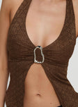 back view of model wearing Princess Polly Moderna Halter Lace Top Brown Sleeveless Plunger 