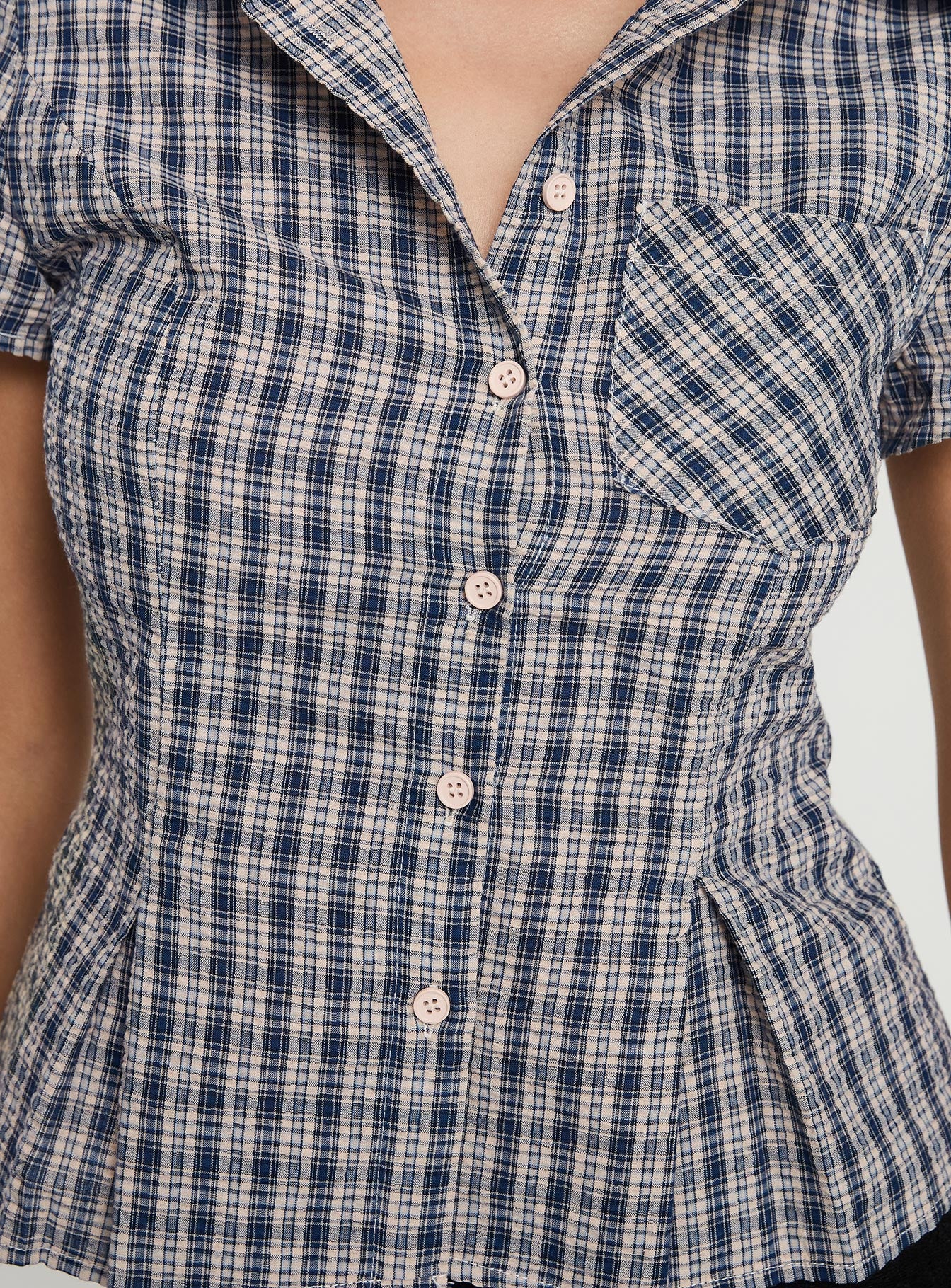 back view of model wearing Princess Polly Alma Mater Top Multi Check Short Sleeves High Neck 