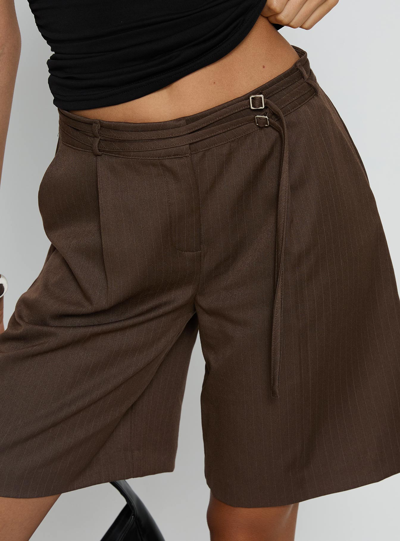 Lorina Tailored Longline Shorts Brown Pinstripe | Princess Polly