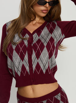 back view of model wearing Princess Polly Raiven Knit Cardigan Burgundy Argyle cropped 
