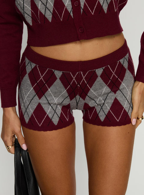Raiven Knit Shorts Burgundy Argyle