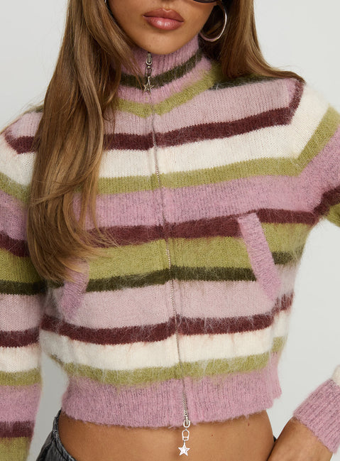 back view of model wearing Princess Polly Keeva Zip Through Knit Jumper Pink / Green Stripe cropped 