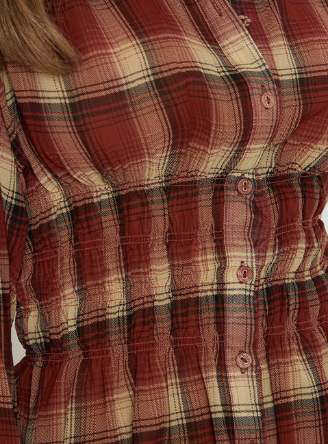 As You Are Shirred Button Up Top Red Check