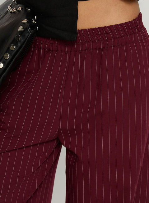 back view of model wearing Princess Polly Jaysa Baggy Wide Leg Pant Burgundy Pinstripe Mid Rise Pants 