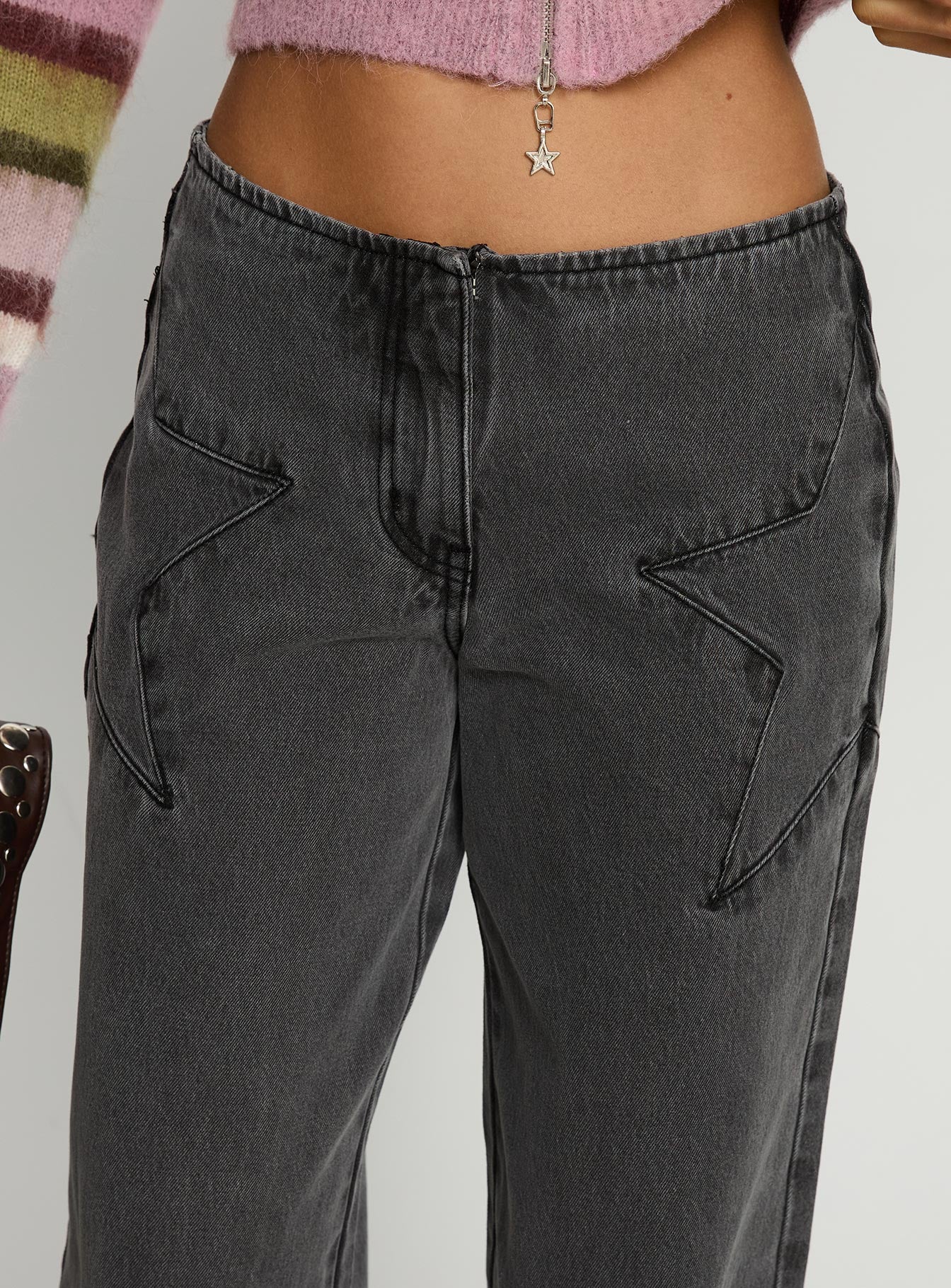 back view of model wearing Princess Polly Dolley Star Stitch Mid Rise Wide Leg Jean Grey Wash Mid Rise Jeans 