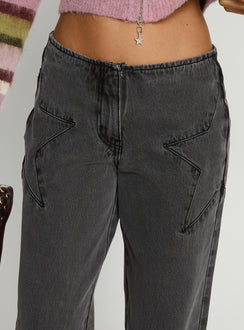 back view of model wearing Princess Polly Dolley Star Stitch Mid Rise Wide Leg Jean Grey Wash Mid Rise Jeans 