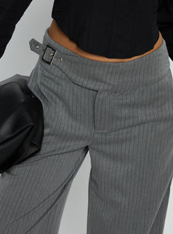 back view of model wearing Princess Polly Jinny Relaxed Buckle Tailored Pants Grey Pinstripe Low Rise Pants 