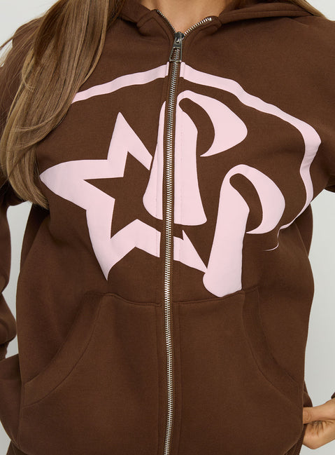 back view of model wearing Princess Polly Princess Polly Stargirl Zip Through Jumper Brown Longline Jumpers 