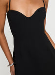 back view of model wearing Princess Polly Rummy Mini Dress Black Sweetheart Neckline 