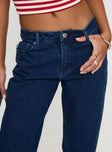 front view of model wearing Princess Polly Britta Mid Rise Tapered Leg Jeans Dark Wash Mid Rise 