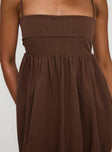 back view of model wearing Princess Polly Layken Bubble Hem Mini Dress Chocolate Square Neck 