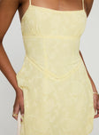 side view of model wearing Princess Polly South Of France Mini Dress Yellow Square Neck 