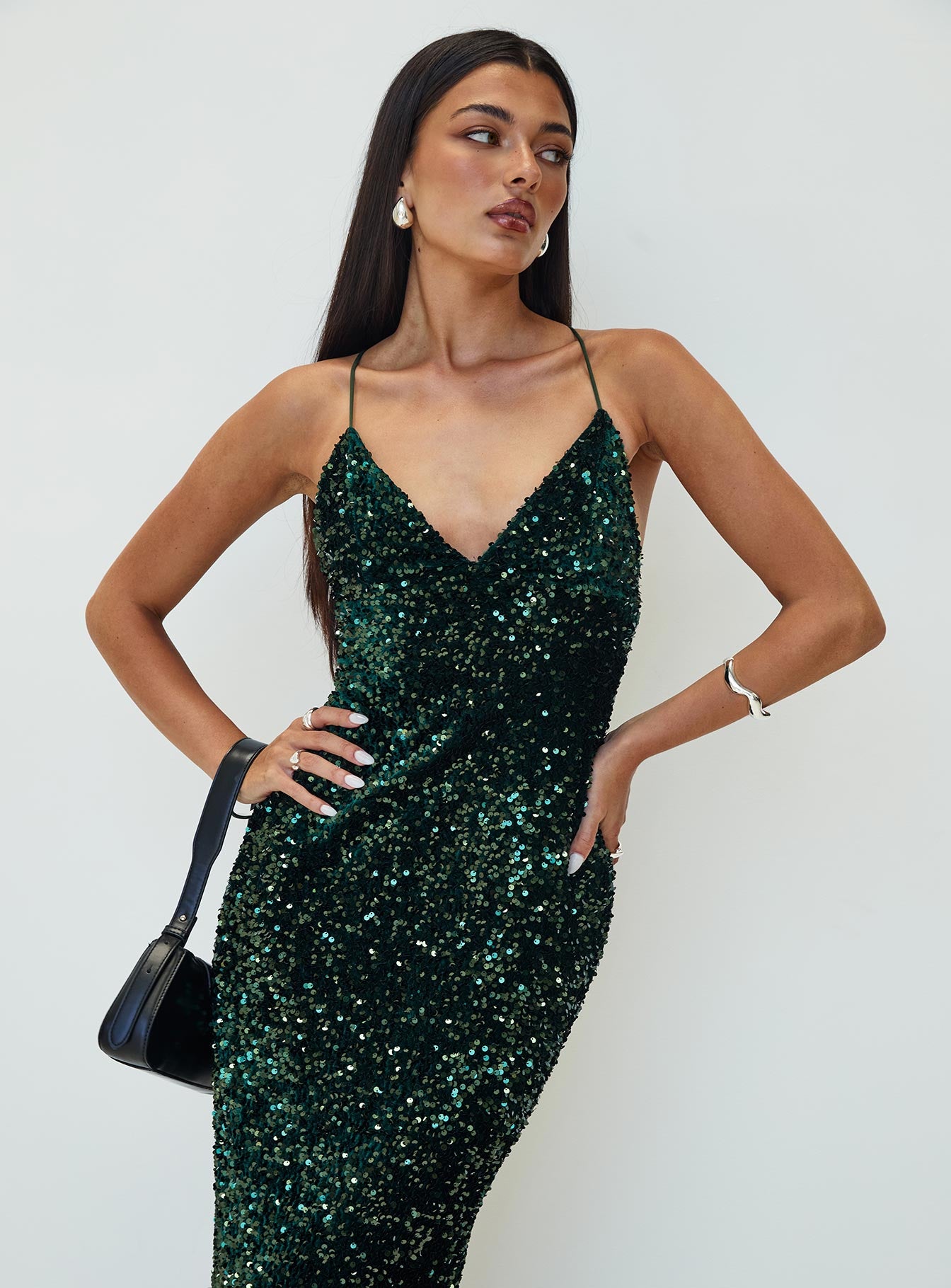 front view of model wearing Princess Polly Charlette Sparkle Maxi Dress Dark Green V-Neck 