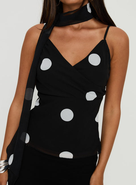 Jenae Scarf Detail Cami Top Black / White Polka