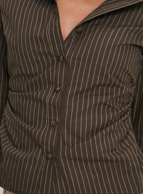 back view of model wearing Princess Polly Held My Hand Long Sleeve Top Brown Stripe Full Sleeves High Neck 