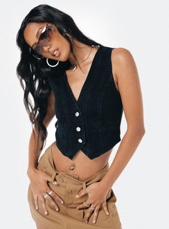 Front view of model wearing  front Princess Polly Sleeveless Cowl  Burrows Denim Vest Black