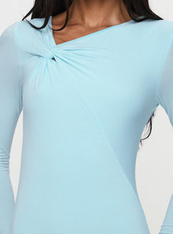 back view of model wearing Princess Polly Glorious Look Twist Detail Bodysuit Blue Full Sleeves 