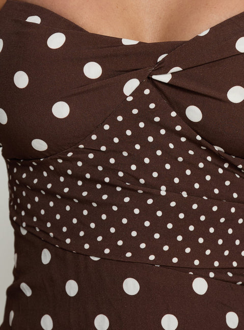 Marguerite Halter Mini Dress Brown Polka Dot | Princess Polly Marguerite Halter Mini Dress Brown Polka Dot | Princess Polly