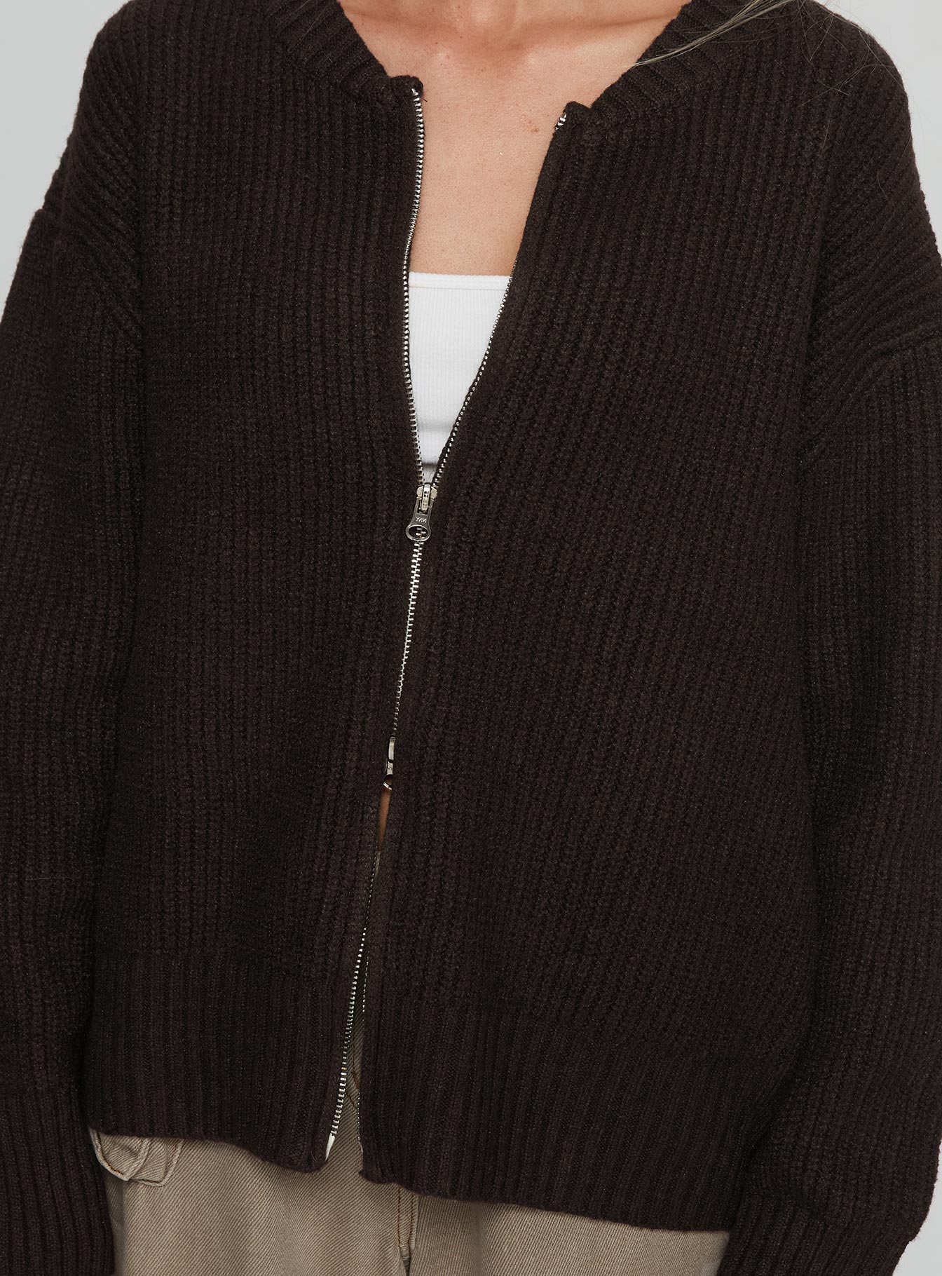 back view of model wearing Princess Polly Lexene Zip Through Jumper Chocolate Longline Jumpers 