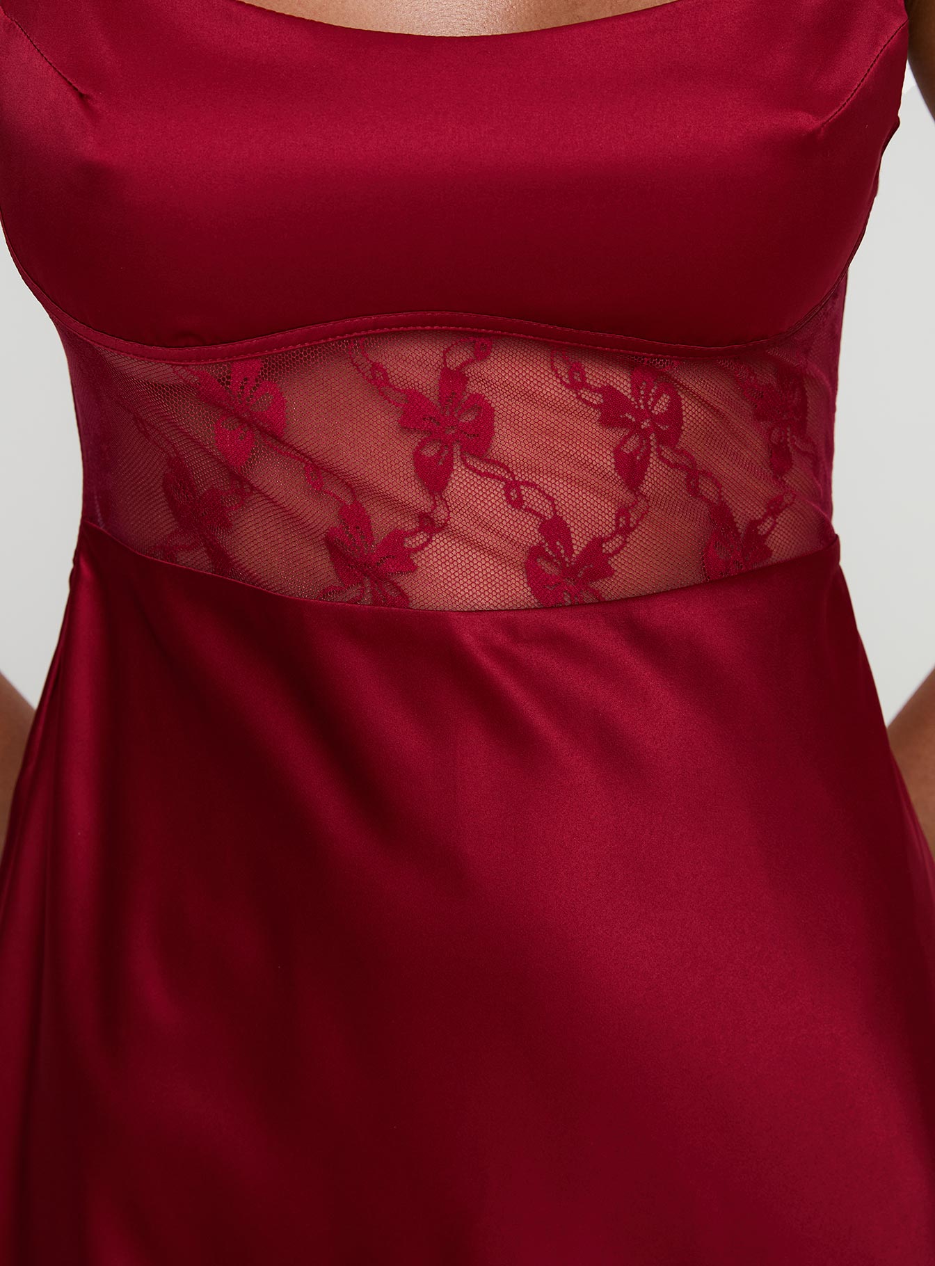 back view of model wearing Princess Polly Le Tigre Lace Mini Dress Red Scoop Neck 