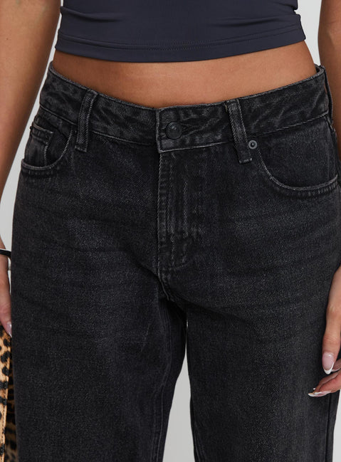 back view of model wearing Princess Polly Serenitia Mid Rise Relaxed Jeans Washed Black Petite Mid Rise 