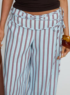 back view of model wearing Princess Polly Silver Moon Linen Blend Tie Pants Blue / Maroon Stripe Mid Rise Pants 