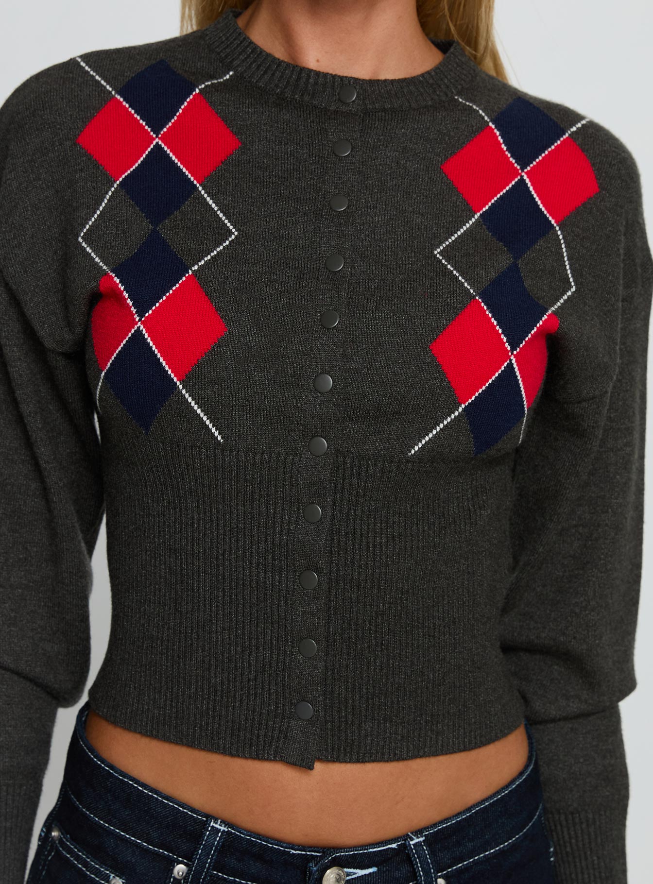 front view of model wearing Princess Polly Head In The Clouds Knit Cardigan Grey Argyle cropped 