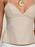 side view of model wearing Princess Polly Hopelessly Devoted Top Beige Sleeveless Plunger 