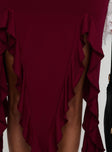 back view of model wearing Princess Polly Peachey Asymmetric Ruffle Midi Skirt Burgundy Midi Skirts 