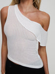 back view of model wearing Princess Polly Into You Top White Sleeveless Asymmetric Neckline 