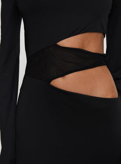 back view of model wearing Princess Polly Kazimier Long Sleeve Maxi Dress Black Asymmetric Neckline 