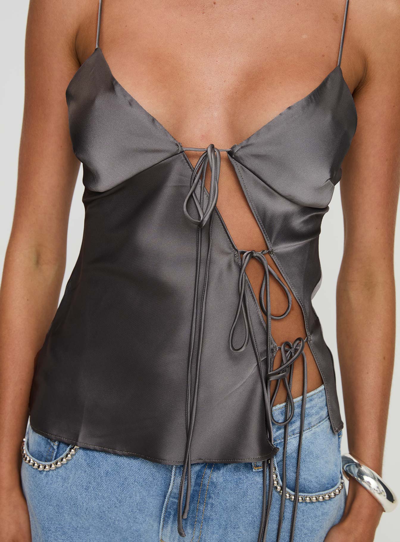 back view of model wearing Princess Polly Mariah Top Grey Sleeveless Plunger 