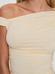 back view of model wearing Princess Polly Beller Top Cream Short Sleeves Asymmetric Neckline 