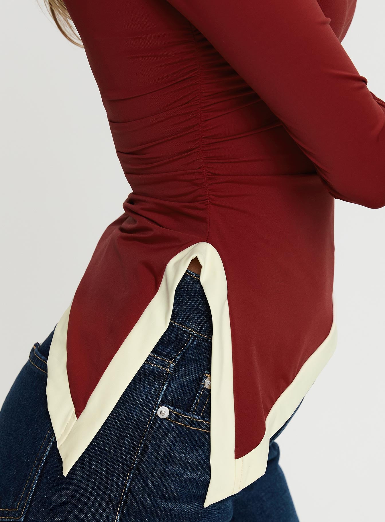 back view of model wearing Princess Polly Fake Smile Long Sleeve Top Burgundy / Cream Full Sleeves Asymmetric Neckline 
