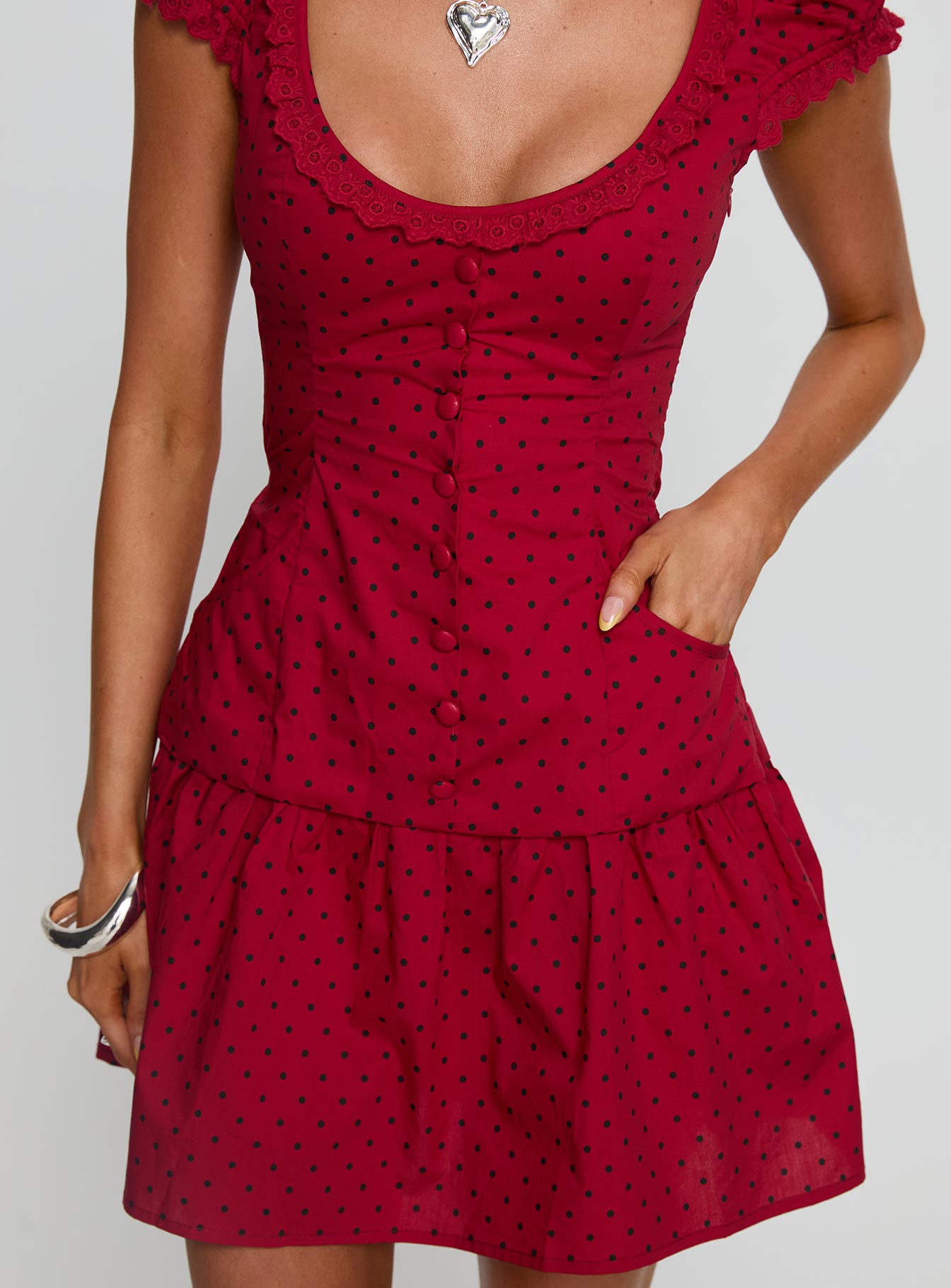 Ottillie Lace Trim Button Down Mini Dress Red Polka Dot | Princess Polly Ottillie Lace Trim Button Down Mini Dress Red Polka Dot | Princess Polly
