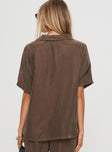 back view of model wearing Princess Polly Tranquilis Shirt Brown Half Sleeves V-Neck 