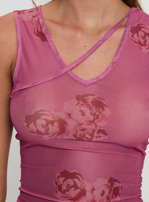 back view of model wearing Princess Polly Dangelio Mesh Top Pink Sleeveless V-Neck 