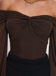 back view of model wearing Princess Polly Babette Off The Shoulder Bodysuit Brown Full Sleeves 