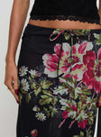 back view of model wearing Princess Polly Paganio Maxi Skirt Black Floral Maxi 