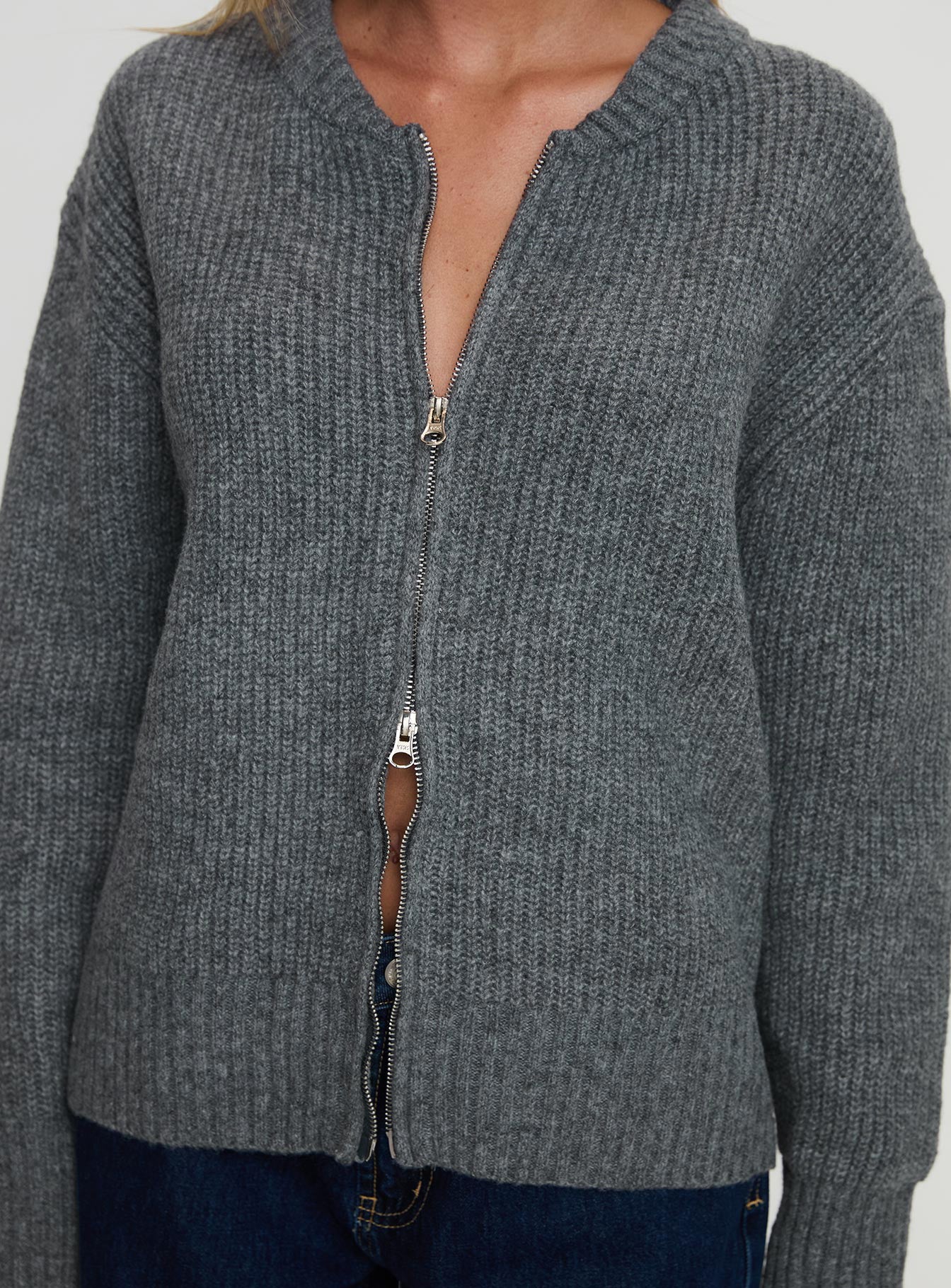 back view of model wearing Princess Polly Lexene Zip Through Jumper Grey Long 