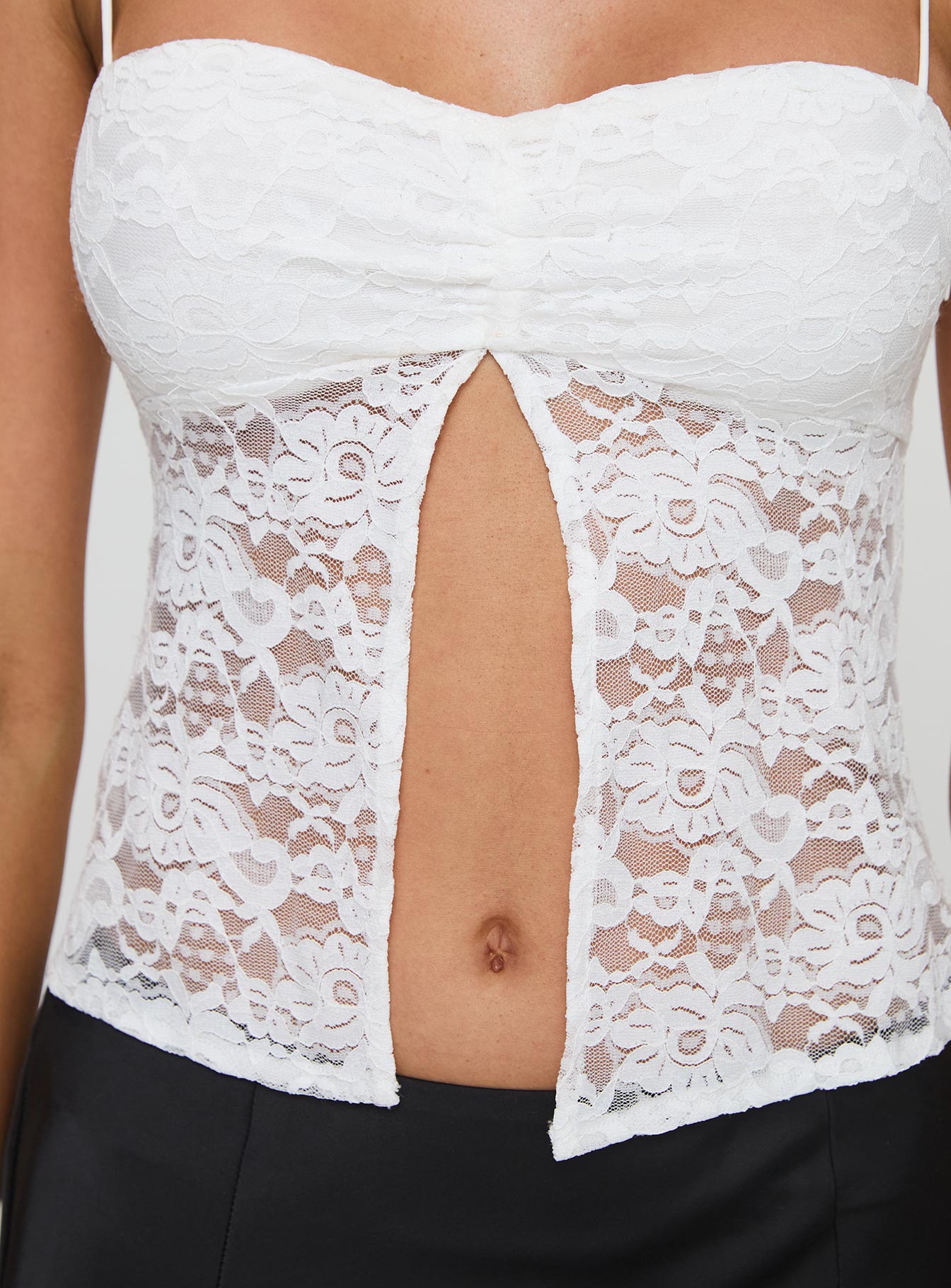 side view of model wearing Princess Polly Pankma Lace Top White Sleeveless Sweetheart 