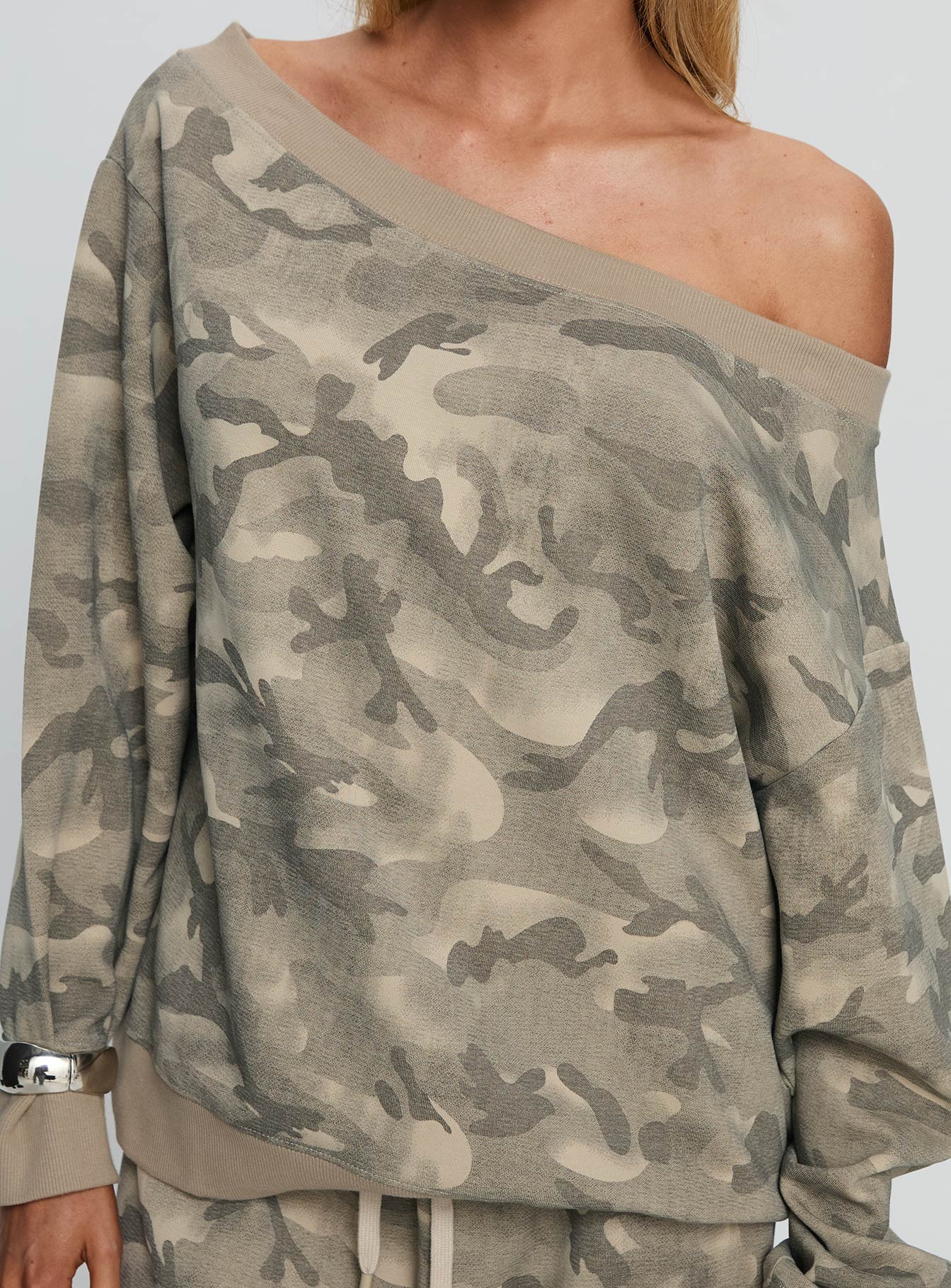 back view of model wearing Princess Polly Wellness Off The Shoulder Jumper Washed Camo 