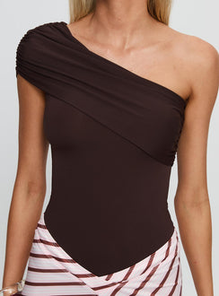 back view of model wearing Princess Polly Celyra One Shoulder Bodysuit Chocolate Sleeveless 