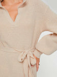 Princess Polly V-Neck  Oriel Long Sleeve Knit Maxi Dress Beige