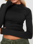 Long sleeve top Mock neck, slim fitting, invisible zip fastening at front Good stretch, unlined 