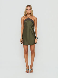 Zinniah Arrowneck Satin Mini Dress Khaki