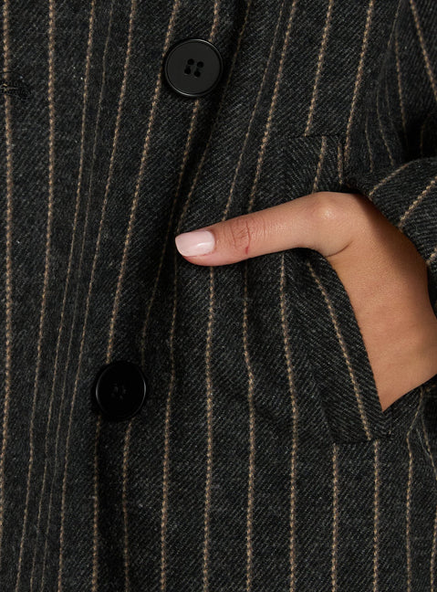 Olimpea Longline Trench Coat Black Pinstripe
